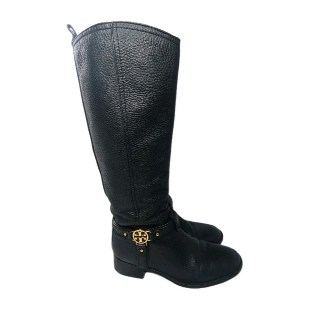 Tory Burch Black Leather Riding Boots Women's Size 5 M Gold Logo Accent